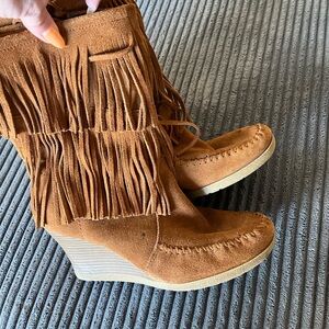 Fringe Genuine Leather Suede Wedge Boots - Tan